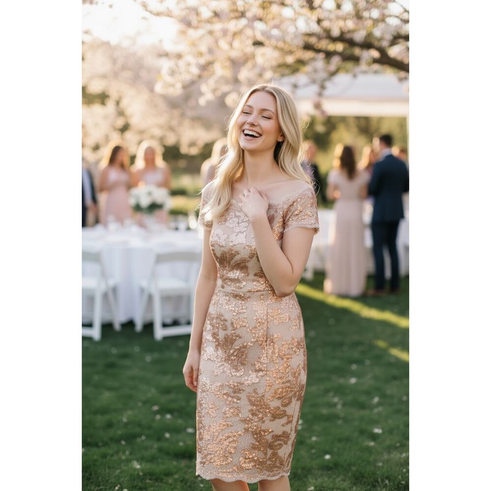 JS COLLECTIONS DRESS GOLD TAN WEDDING GUEST SEQUIN FLORAL EMBROIDERED COCKTAIL
